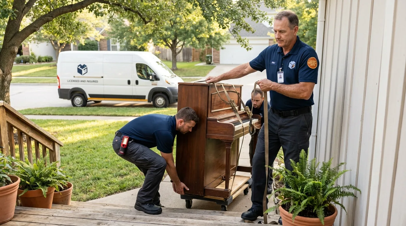 Licensed piano movers securing grand piano in Fort Meade, FL